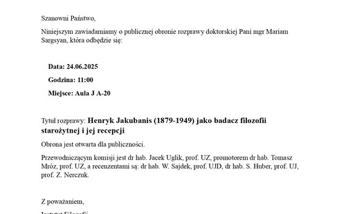 Publiczna obrona rozprawy doktorskiej mgr Mariam Sargsyan